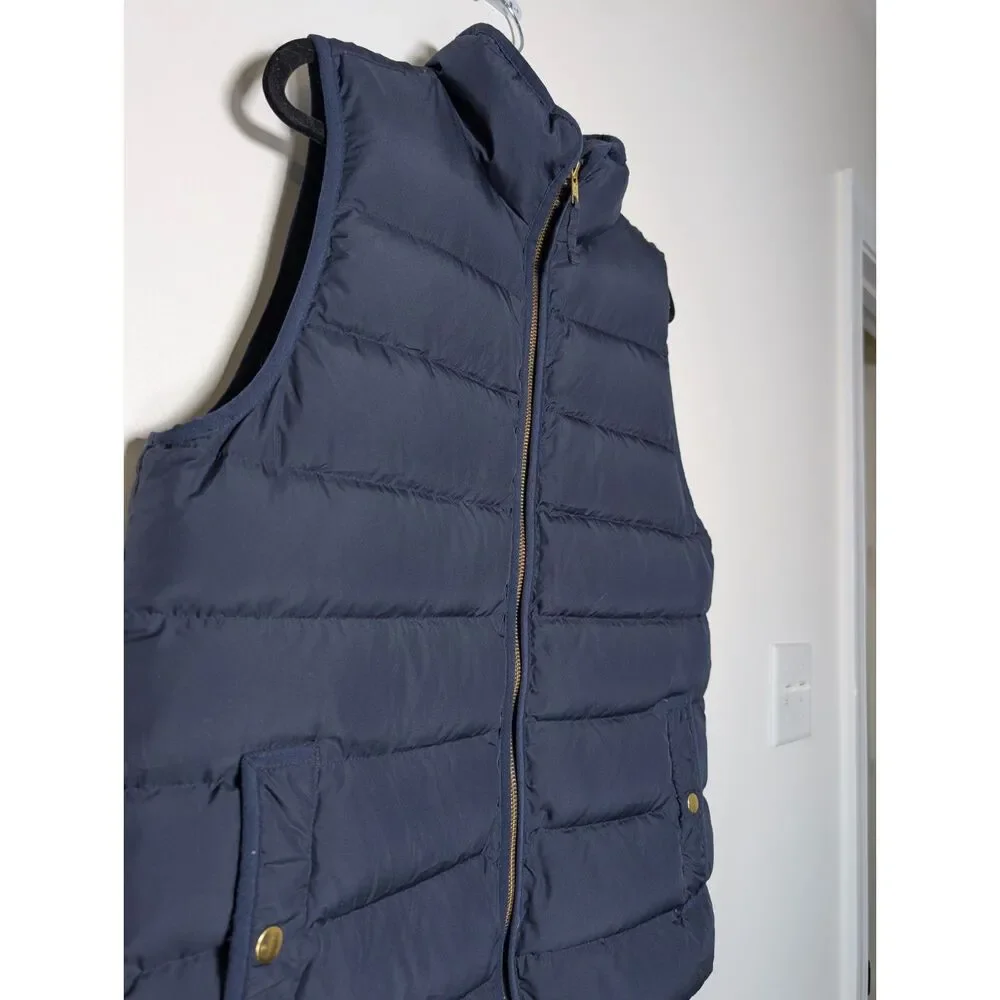J.Crew Mountain Down Puffer Vest Navy Gold Zip Side Zip Medium H1622 Preppy